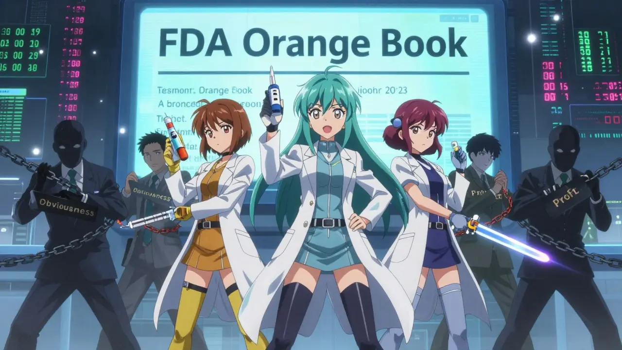 Medical heroes with drug devices standing against corporate shadows, with clinical data and p-values floating in the background in anime style.