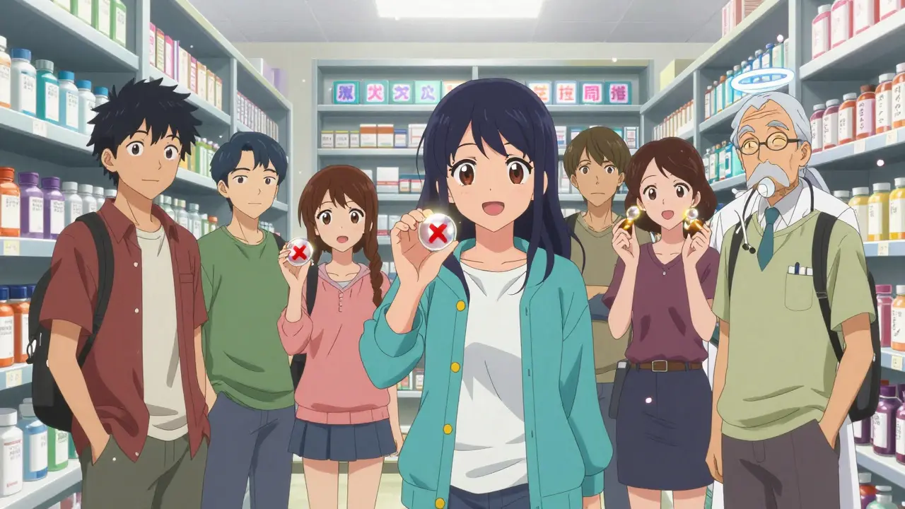 Patients holding pills as magical items in a library filled with glowing drug names and floating petals.