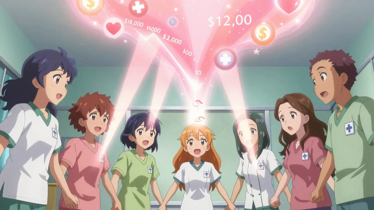 Patients join hands as their combined light lowers a drug price chart in a hopeful urban scene.