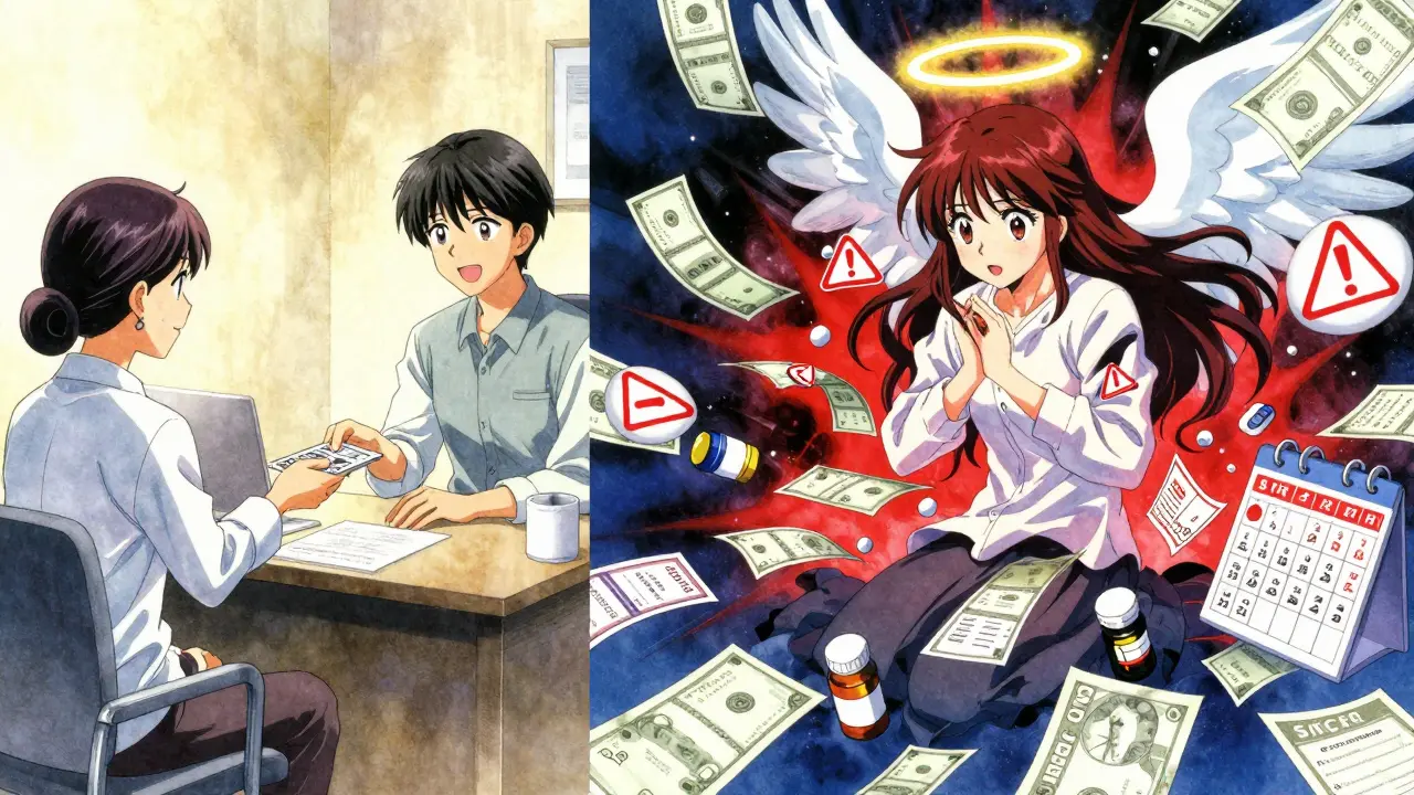 Split scene: one side shows affordable therapy payment, the other shows overwhelming hidden costs swirling around the patient.