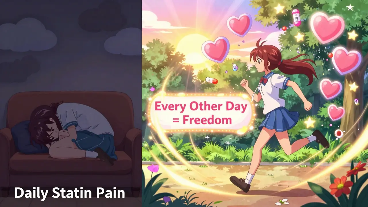 Split scene: one side shows someone in pain on a couch, the other shows them jogging happily as cholesterol molecules dissolve into stars.