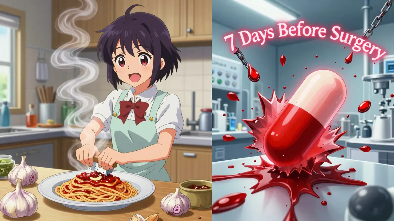 Split scene: warm kitchen with fresh garlic vs. sterile lab with exploding supplement capsule.