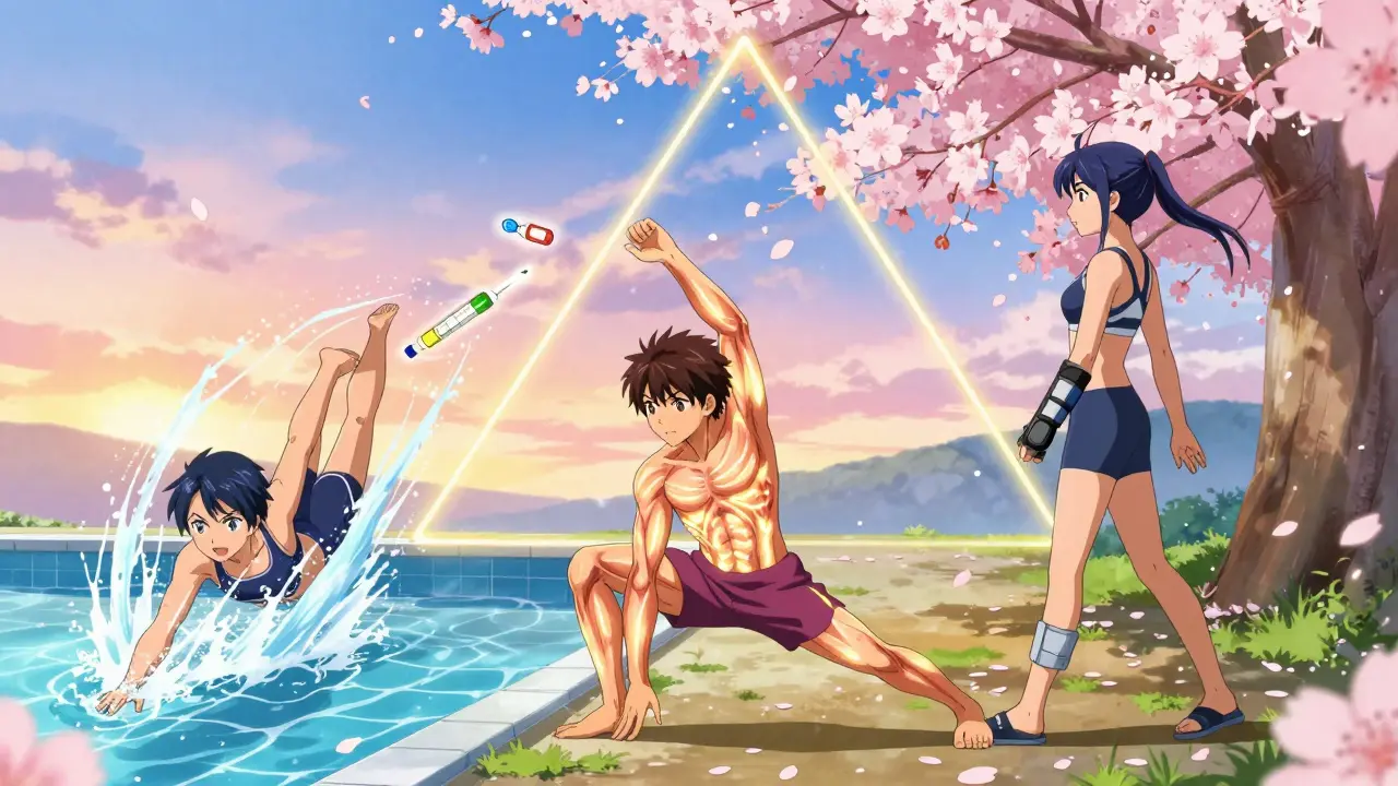 Three figures representing bracing, exercise, and injections connected by golden light.