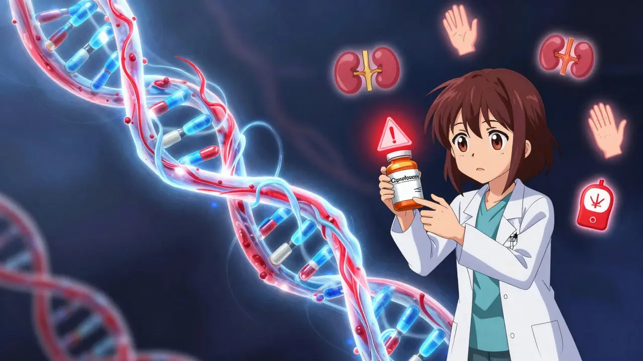 Toxic red and blue energy vines wrapping around a fragile tendon, with prescription bottle and medical icons floating around.