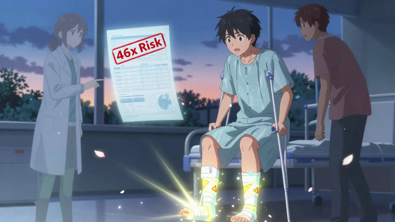 Young patient on crutches looking at glowing bandaged ankles, medical chart with '46x Risk' floating behind them.