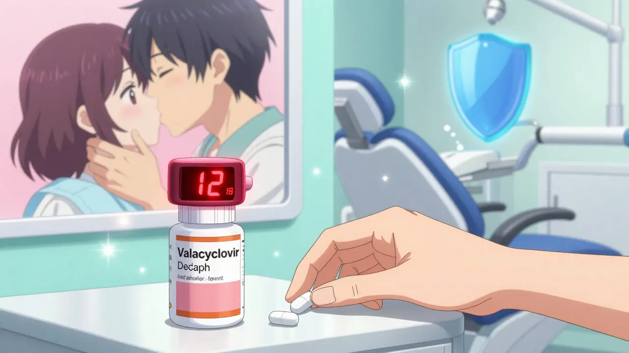 A hand placing antiviral pills beside a timer, with scenes of safe intimacy and dental protection in the background.