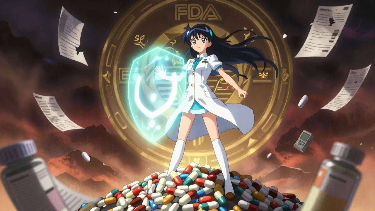 A heroic lab technician protects patients from crumbling quality control systems with a radiant energy shield.