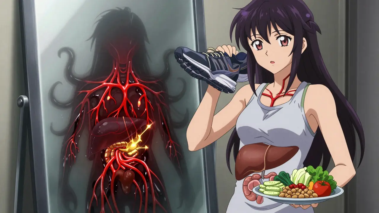 A person seeing their internal metabolic damage reflected in a mirror, holding healthy food and shoes.