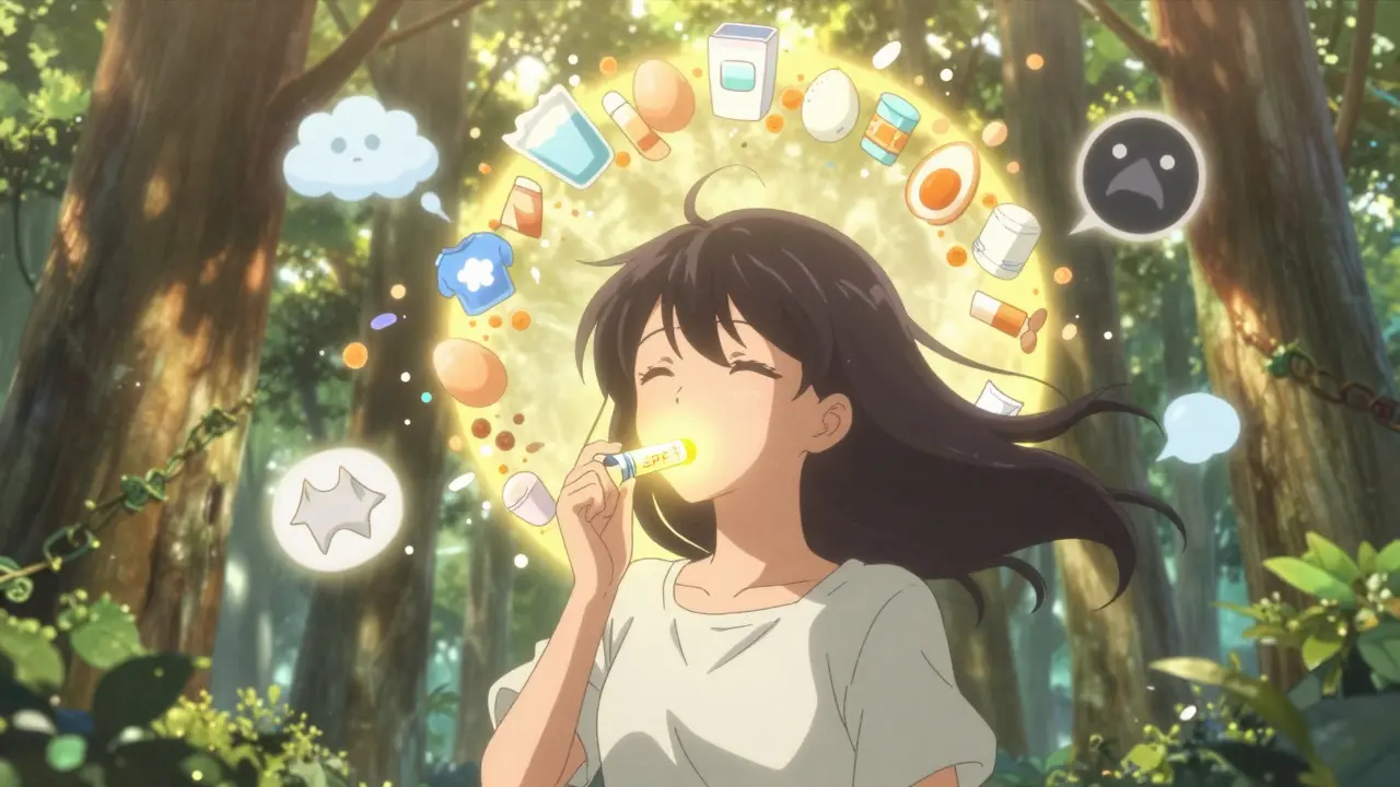 A person under sunlight with glowing lip balm, surrounded by shattering trigger symbols and protective food halo.