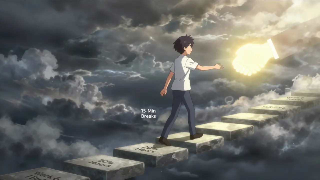 A person walking up glowing stepping stones labeled with gradual return-to-work stages toward a radiant sky.