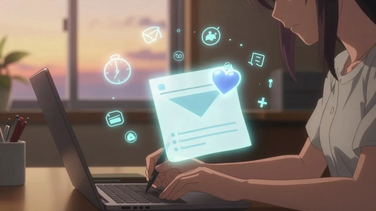 A person writing a request for workplace accommodations with a glowing medical note nearby, in a warm home office setting.