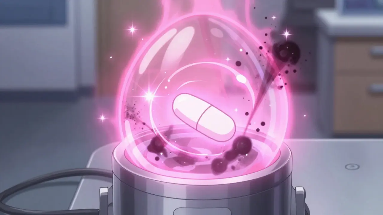 A sealed crusher traps hazardous drug particles with glowing containment energy.