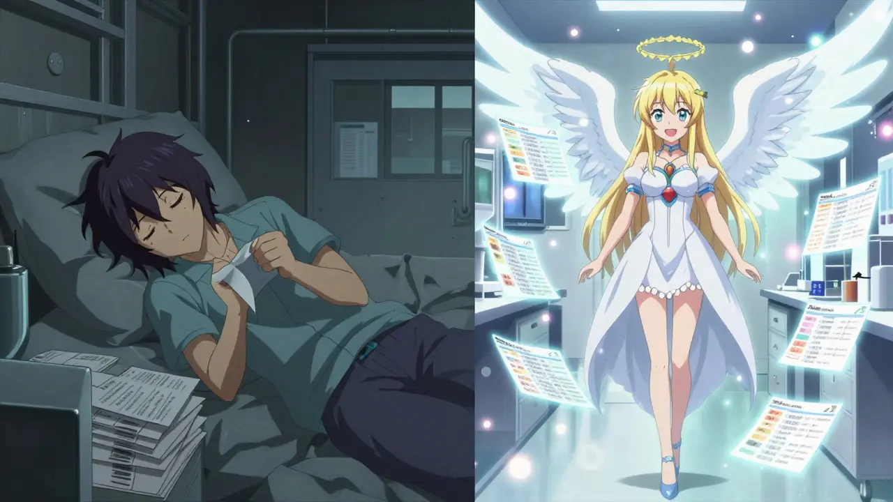 A tired worker transforms into a guardian angel surrounded by glowing audit trails and patient smiles.