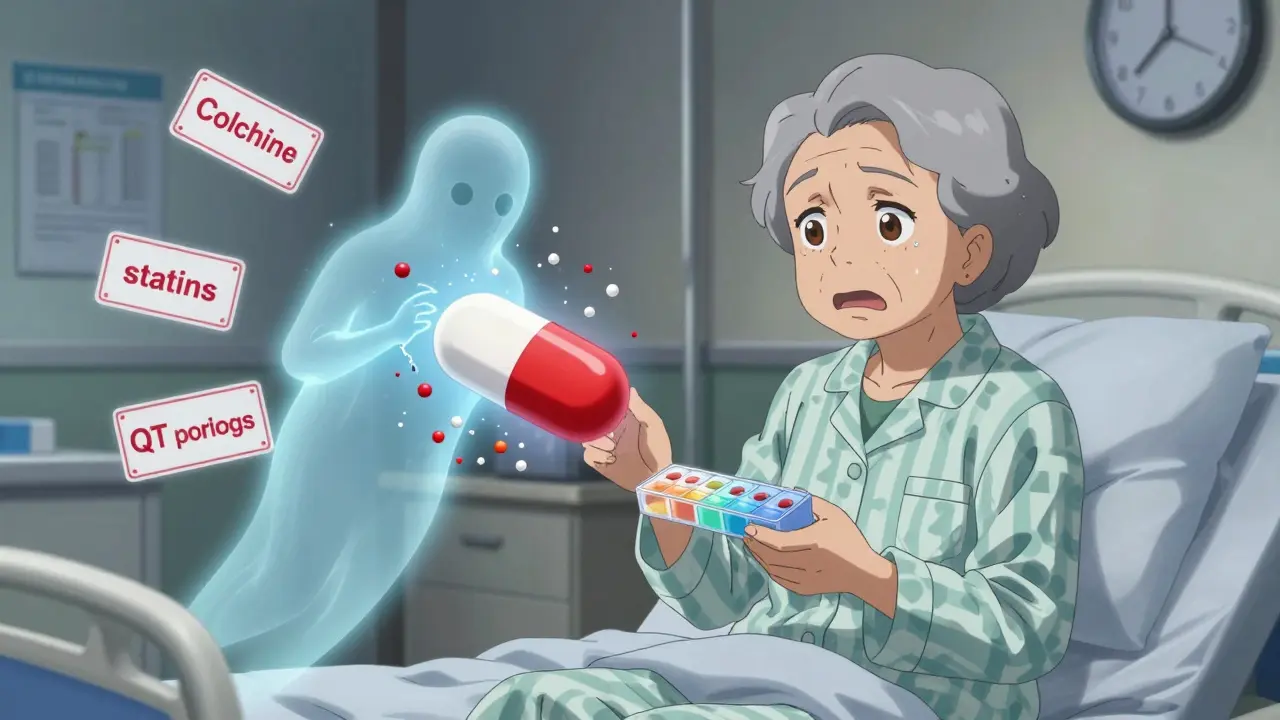 An elderly patient surrounded by floating medical warnings as a CYP3A4 enzyme breaks apart under a clarithromycin pill.