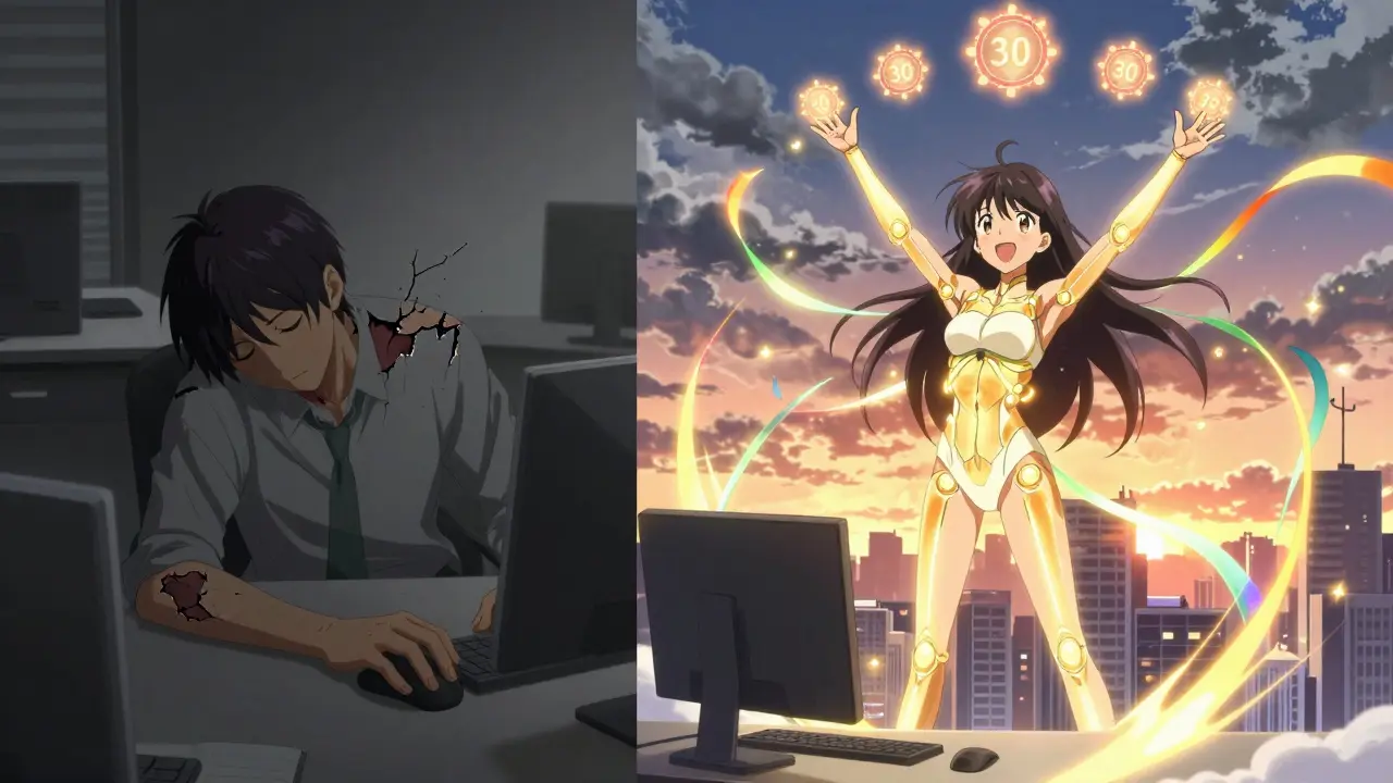 Before-and-after scene of a worker transitioning from joint pain to radiant wellness with energy ribbons and microbreaks.