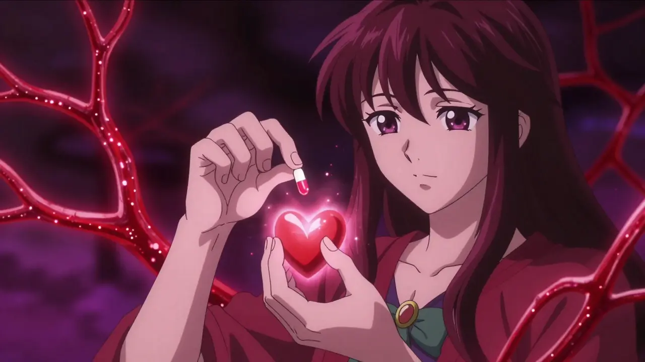 Character taking anticoagulant pill, heart glowing with protective light.