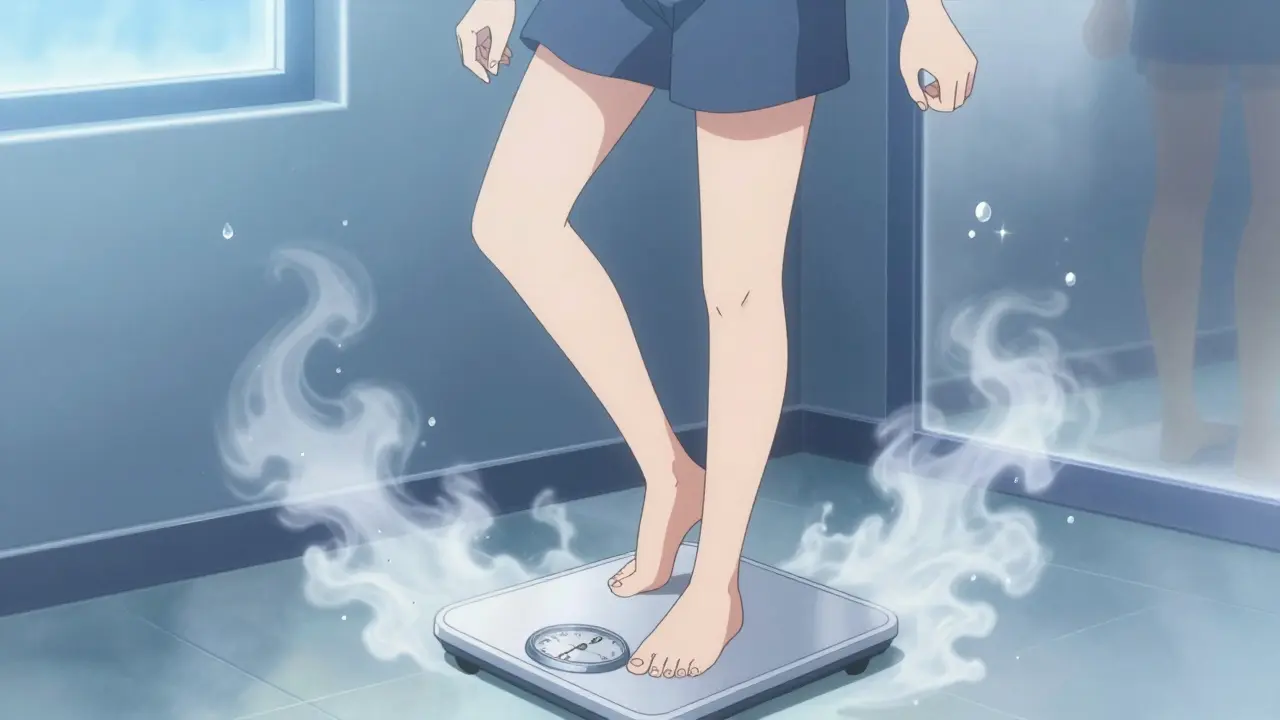 Character weighing themselves at dawn, fluid droplets turning to sparkles.