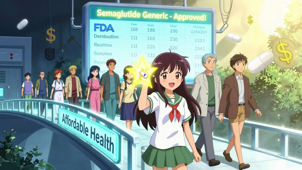 Diverse patients crossing a bridge from expensive drugs to affordable generics, with a transforming pill becoming a star and an FDA approval banner glowing above.