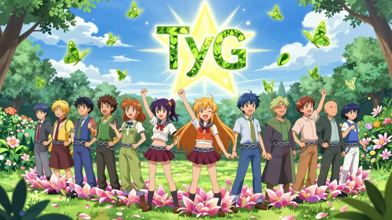 Diverse people shedding waist chains as petals bloom, with a glowing TyG Index symbol above them.