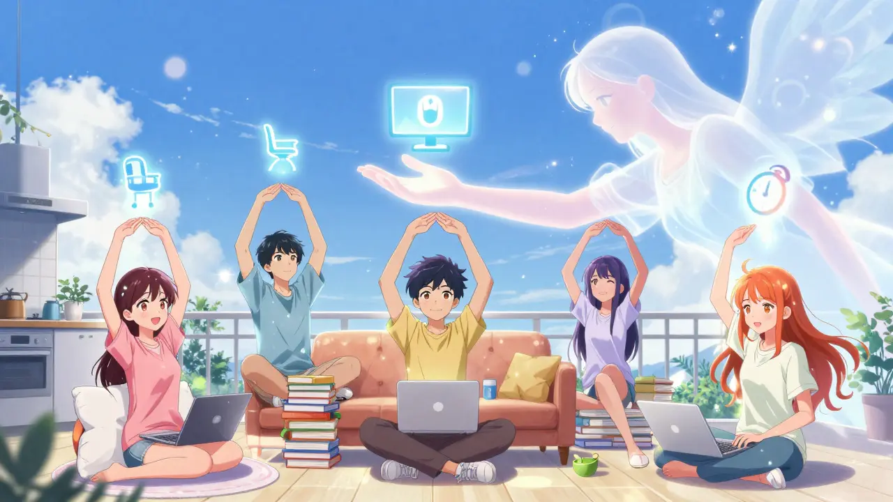 Diverse remote workers in home settings using simple ergonomic fixes, glowing with health and guided by a light-hand.