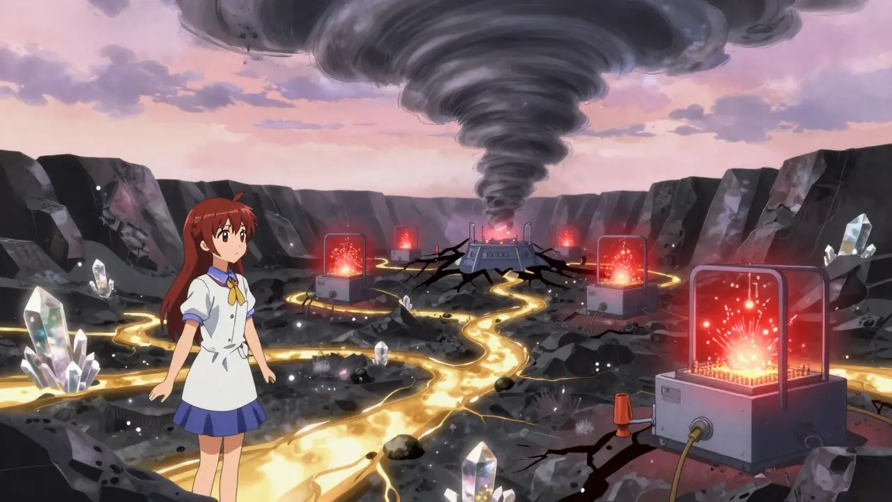 Glowing quartz crystals feed semiconductor particles into factory machines, suddenly disrupted by a tornado.