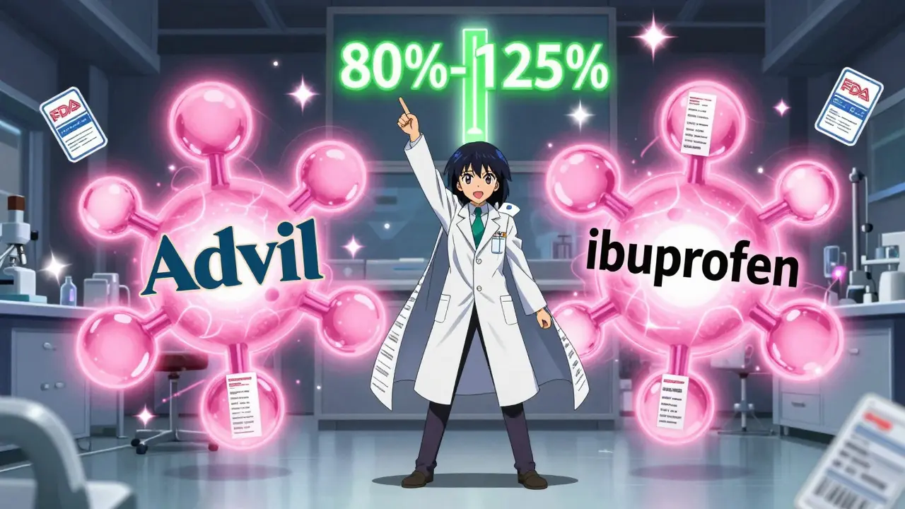 Identical molecular structures glowing with equal energy, monitored by a heroic pharmacist with floating FDA badges and a bioequivalence meter.
