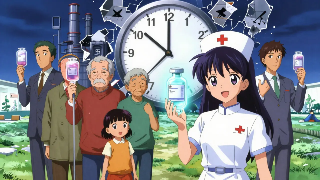 Patients hold fading IV bags as a nurse holds a glowing emergency vial, with a levee forming in the background.