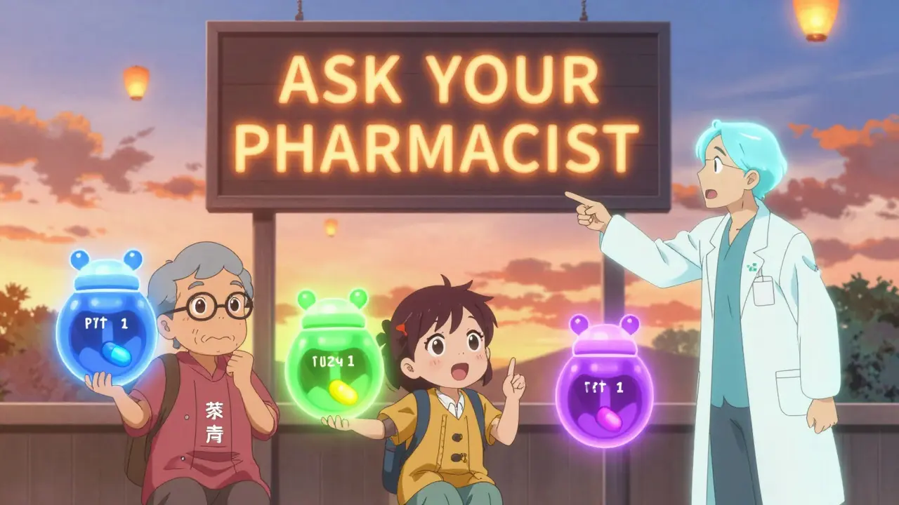 Three residents each use their own labeled pill splitter, guided by a pharmacist.