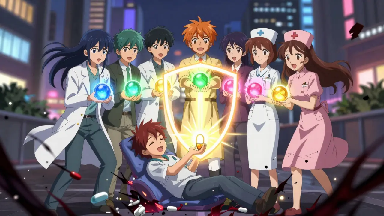 A care team forms a protective shield around a patient, defeating dark drug interaction shadows through teamwork and unity.