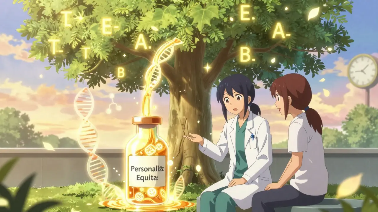 A doctor and patient sit under a tree with TE code leaves, as golden stream flows into a vial labeled 'Personalized Equivalence'.