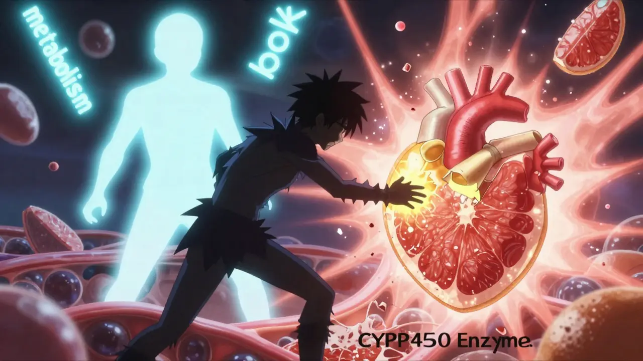 A drug antagonist blocks stress hormones from a heart receptor, with glowing enzyme and grapefruit fragments.