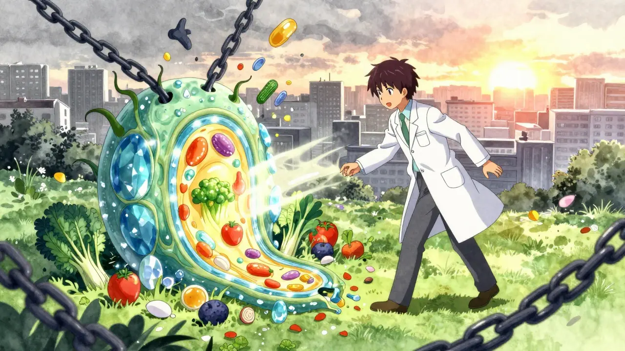 A hero turning a broken metabolism into a blooming garden, healthy cells shining, unhealthy chains dissolving into petals.