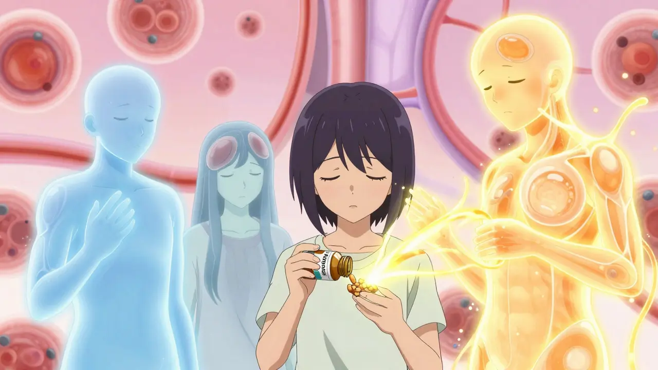 A patient surrounded by spirit forms representing side effects and healing from different beta-blockers in soft anime colors.