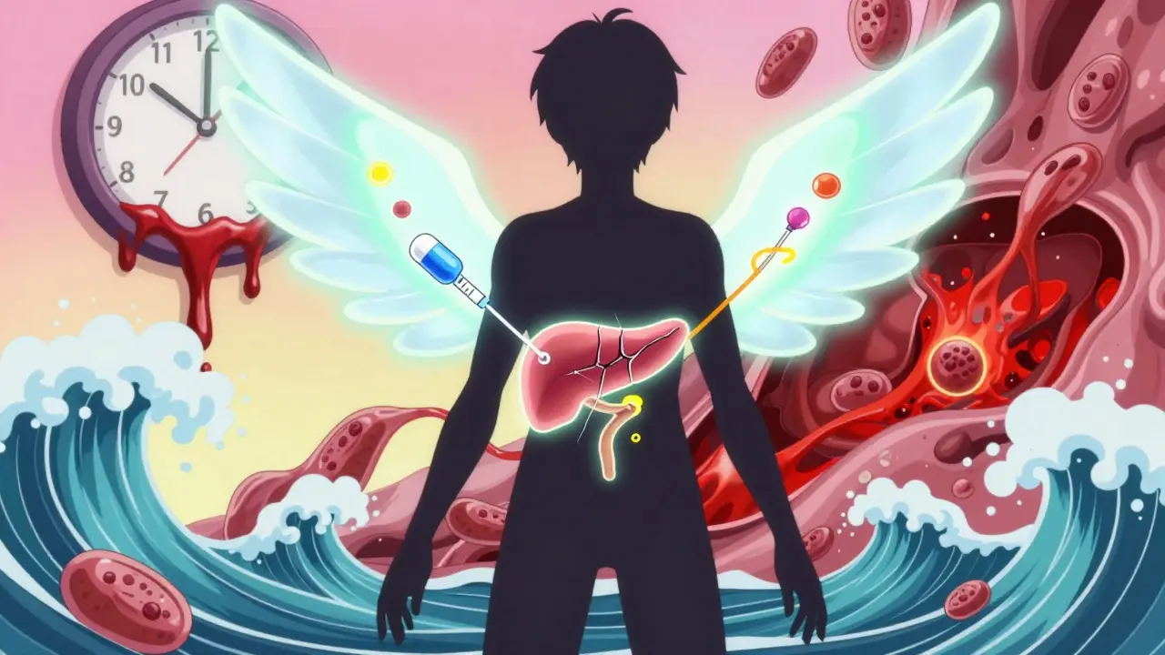 A person with a fractured pancreas glowing, insulin wings pushing glucose, fatty liver glowing red, metabolic storm in background.