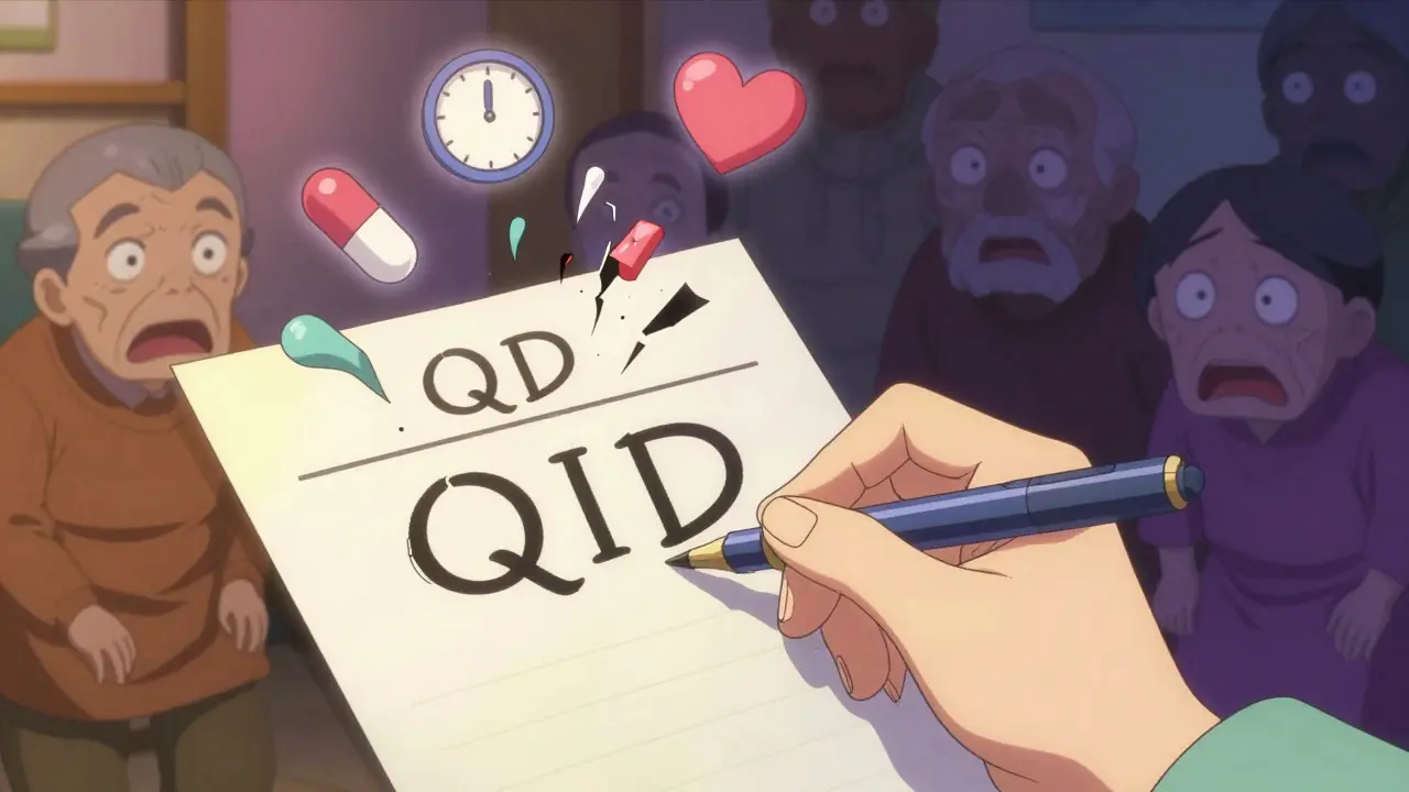 A pharmacist's handwritten prescription blurs between 'QD' and 'QID' as medical icons crumble in a haunting hospital scene.