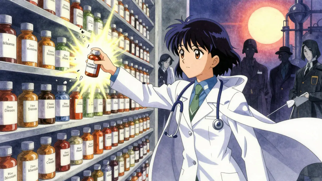 A pharmacist pulls a historic dangerous drug from a wall as light bursts forth behind her.