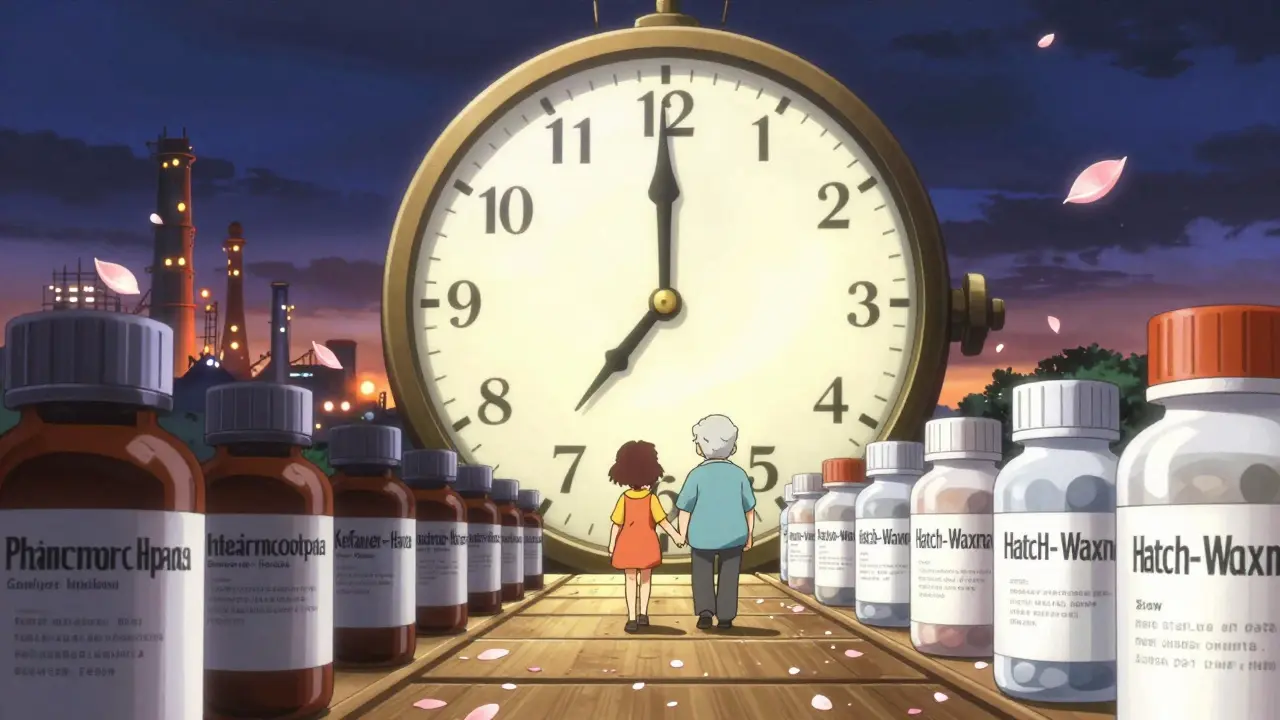 A pill bottle clock ticks backward as patients cross a bridge from expensive to affordable medicine.