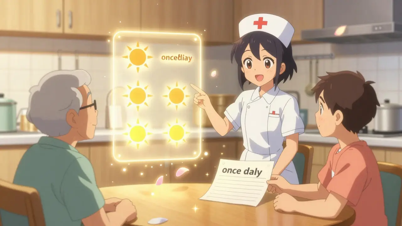 A smiling elderly patient and family view clear sun icons for dosing instructions, with a nurse guiding them in warm light.