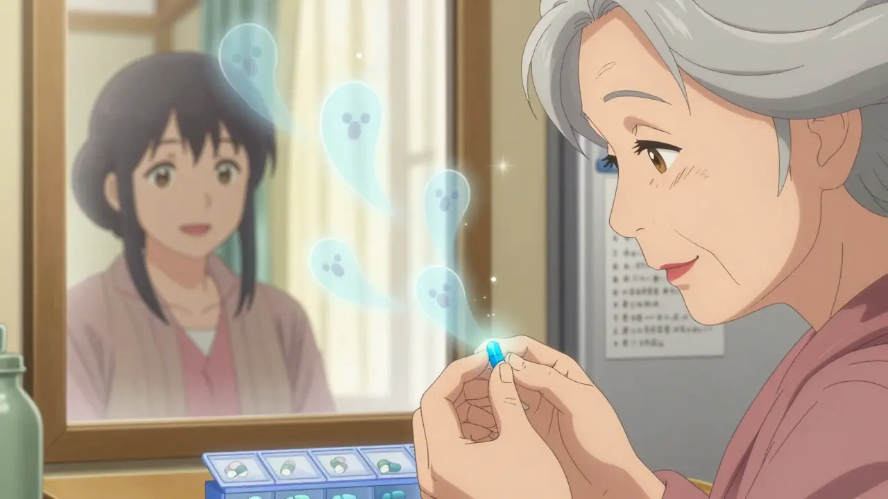 An elderly woman placing one pill in her organizer while faded, unnecessary pills fade into sunlight, representing deprescribing.