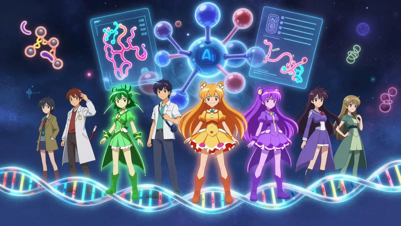 Diverse people on a DNA strand with colored auras representing drug metabolism differences, AI projecting protein predictions.