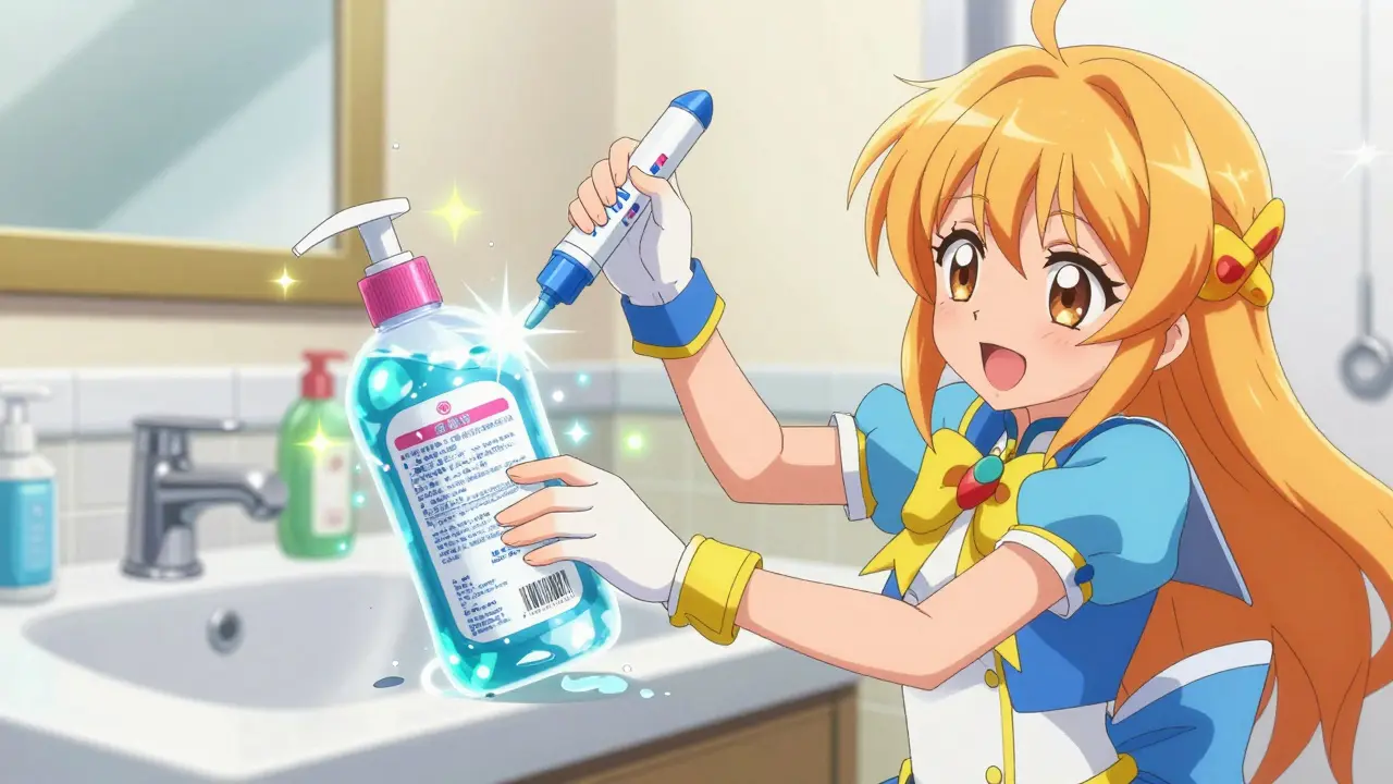 Magical girl removing label from bottle with sparkling tool