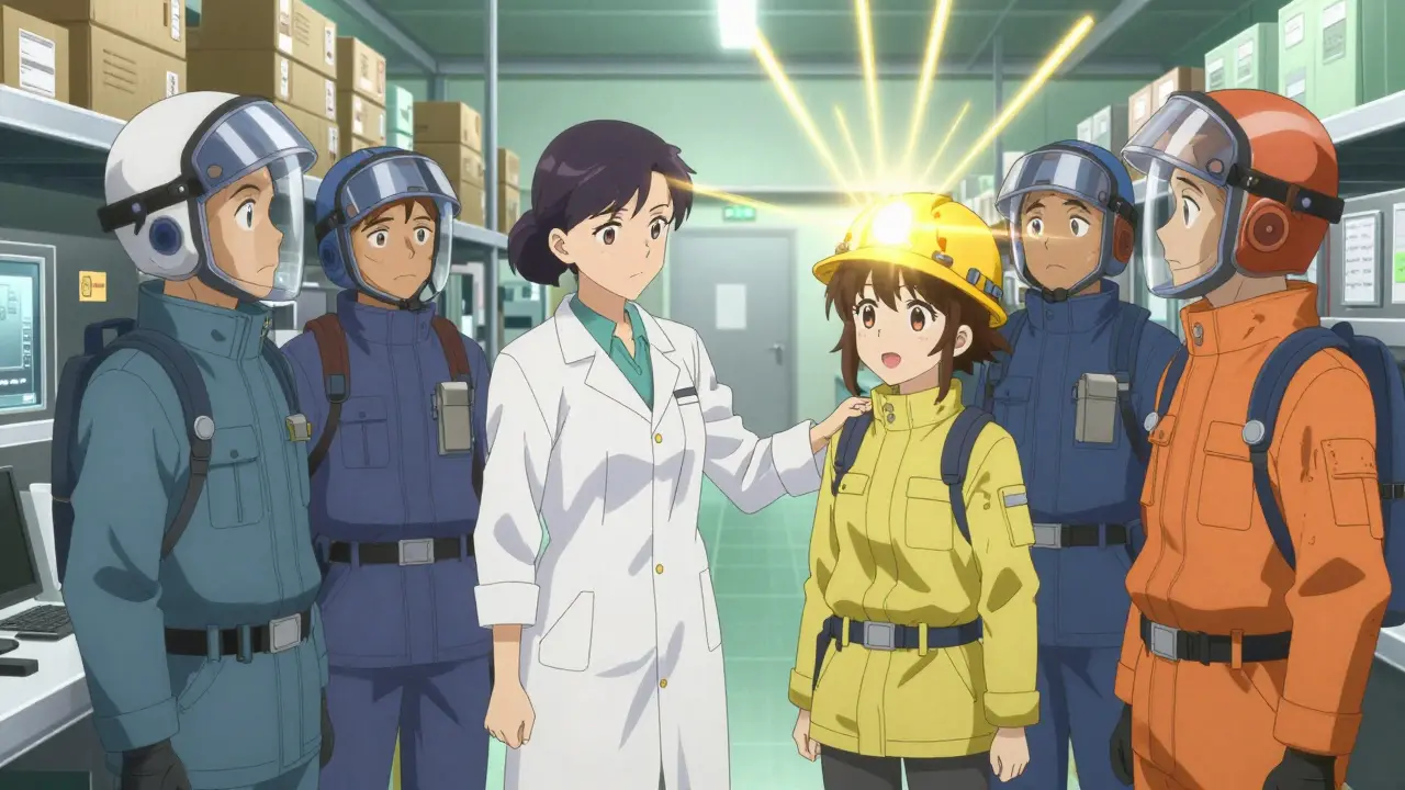 Mentor guiding new hire in bright factory with golden light symbolizing success