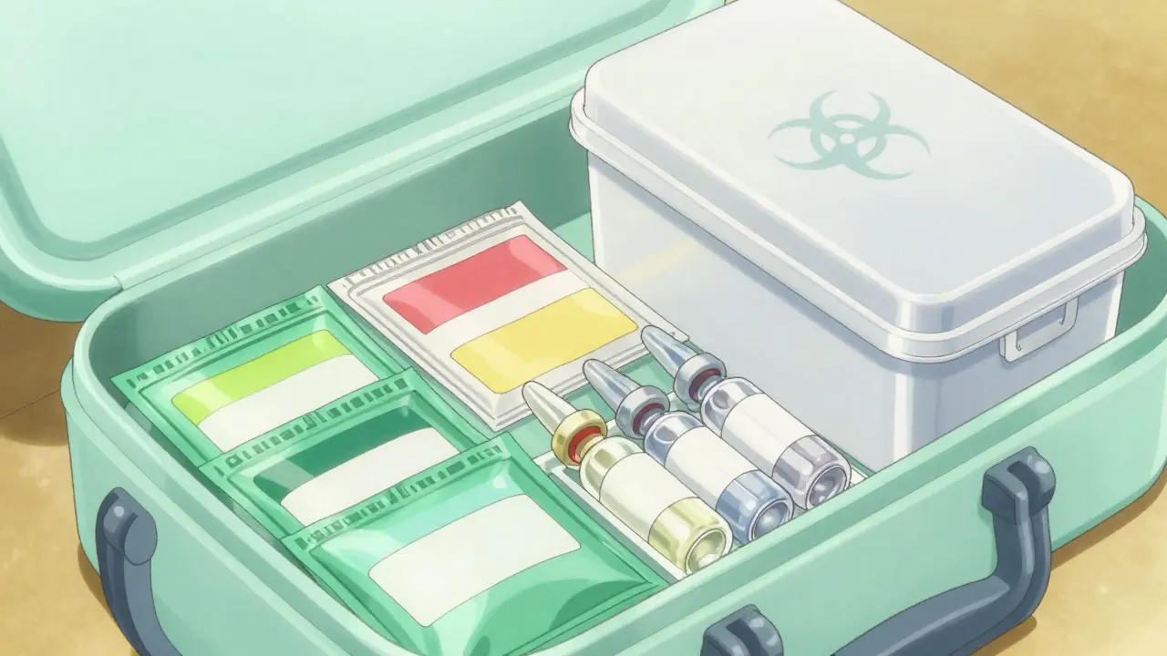 Organized medical travel kit with ice packs and vials on a table.
