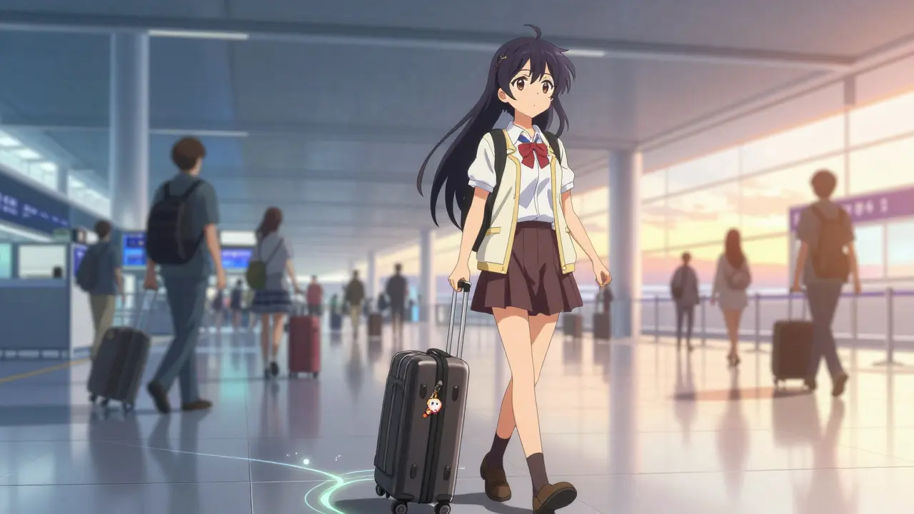 Passenger walking through international airport terminal with luggage.