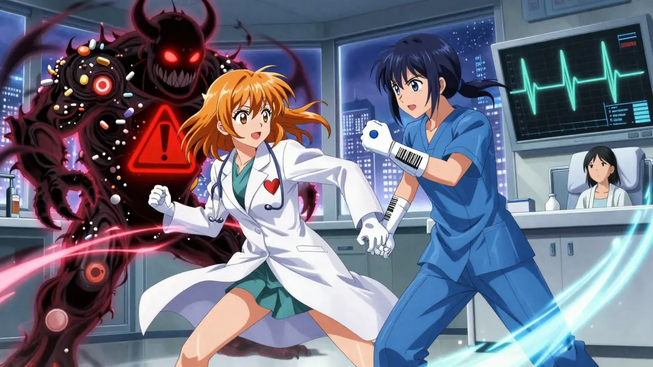 Two pharmacist heroes battle a monster made of inactive drug ingredients, with a patient's ECG flickering in the background.