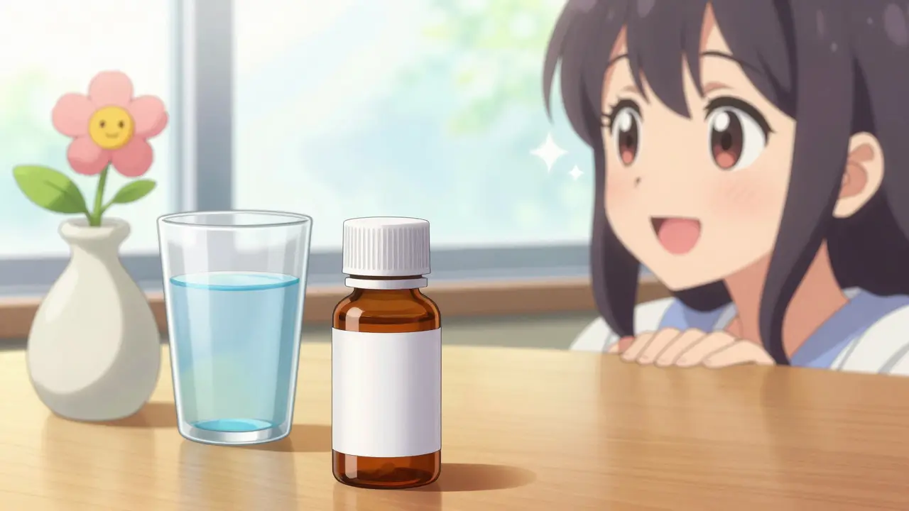 A prescription bottle and water glass on a table with a smiling anime girl in the background.