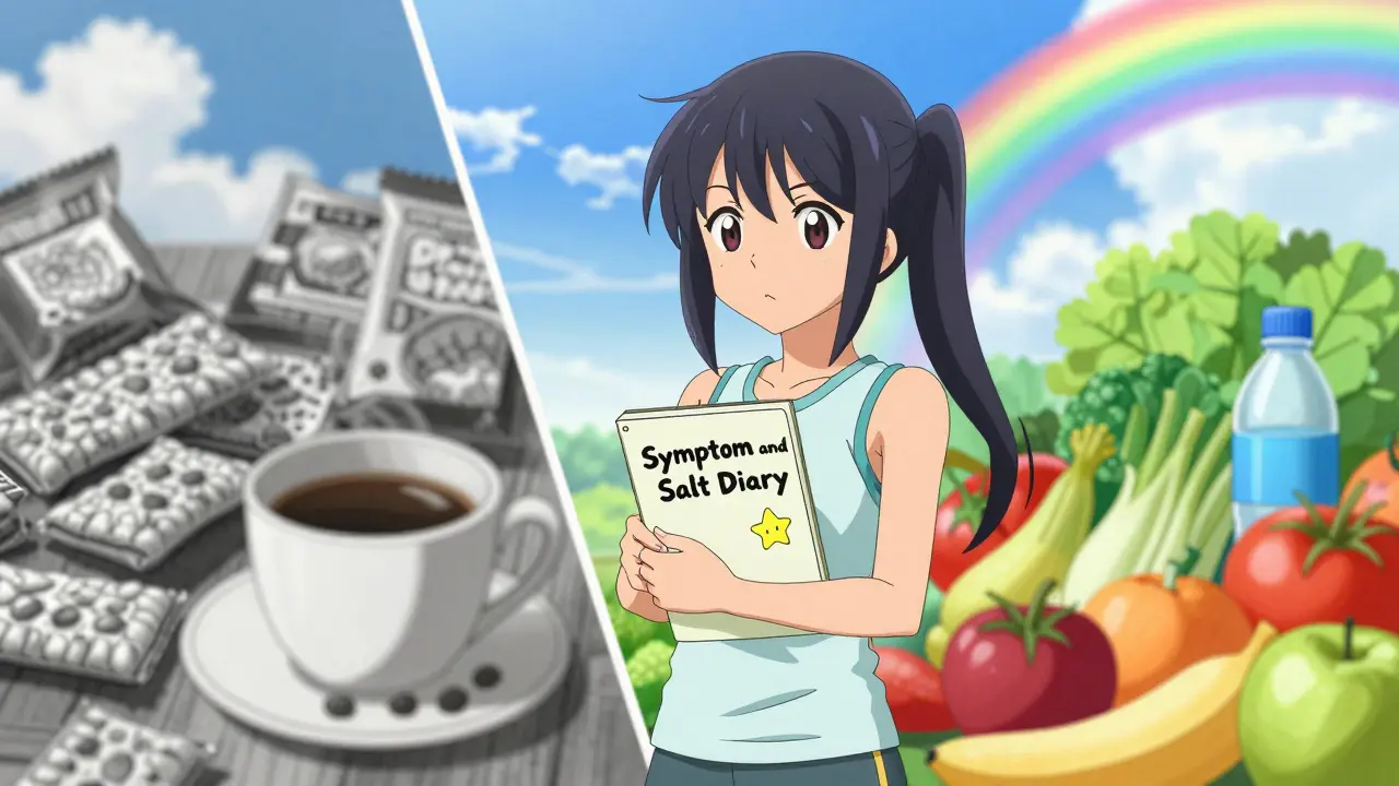 Anime character choosing fresh foods over processed snacks for better health.