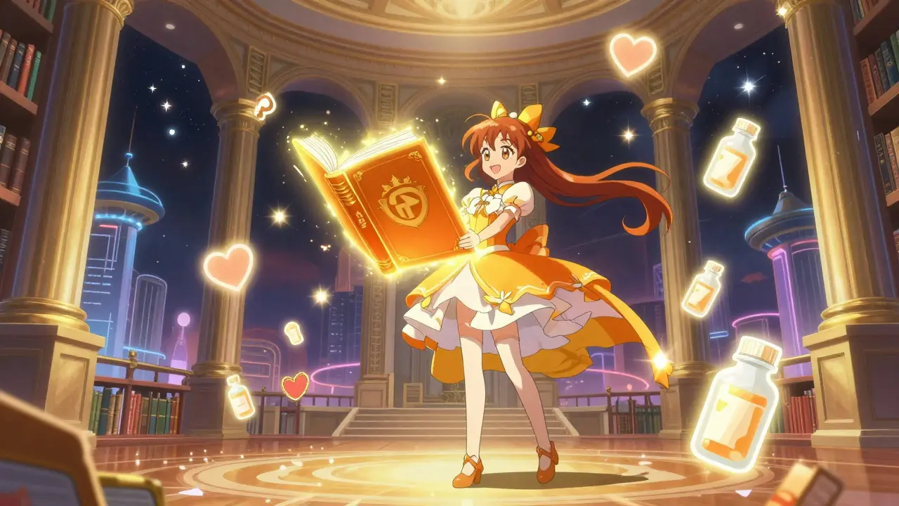 Anime character presenting a glowing golden book of approved medicines.