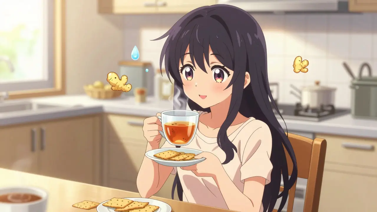 Anime girl sitting upright eating crackers and drinking ginger tea in a sunny room