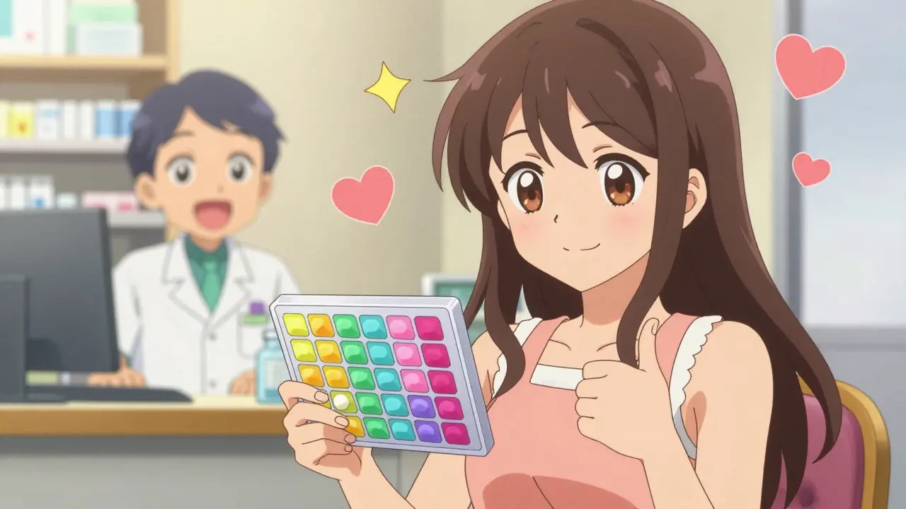 Anime girl smiling while using a colorful pill organizer for medication